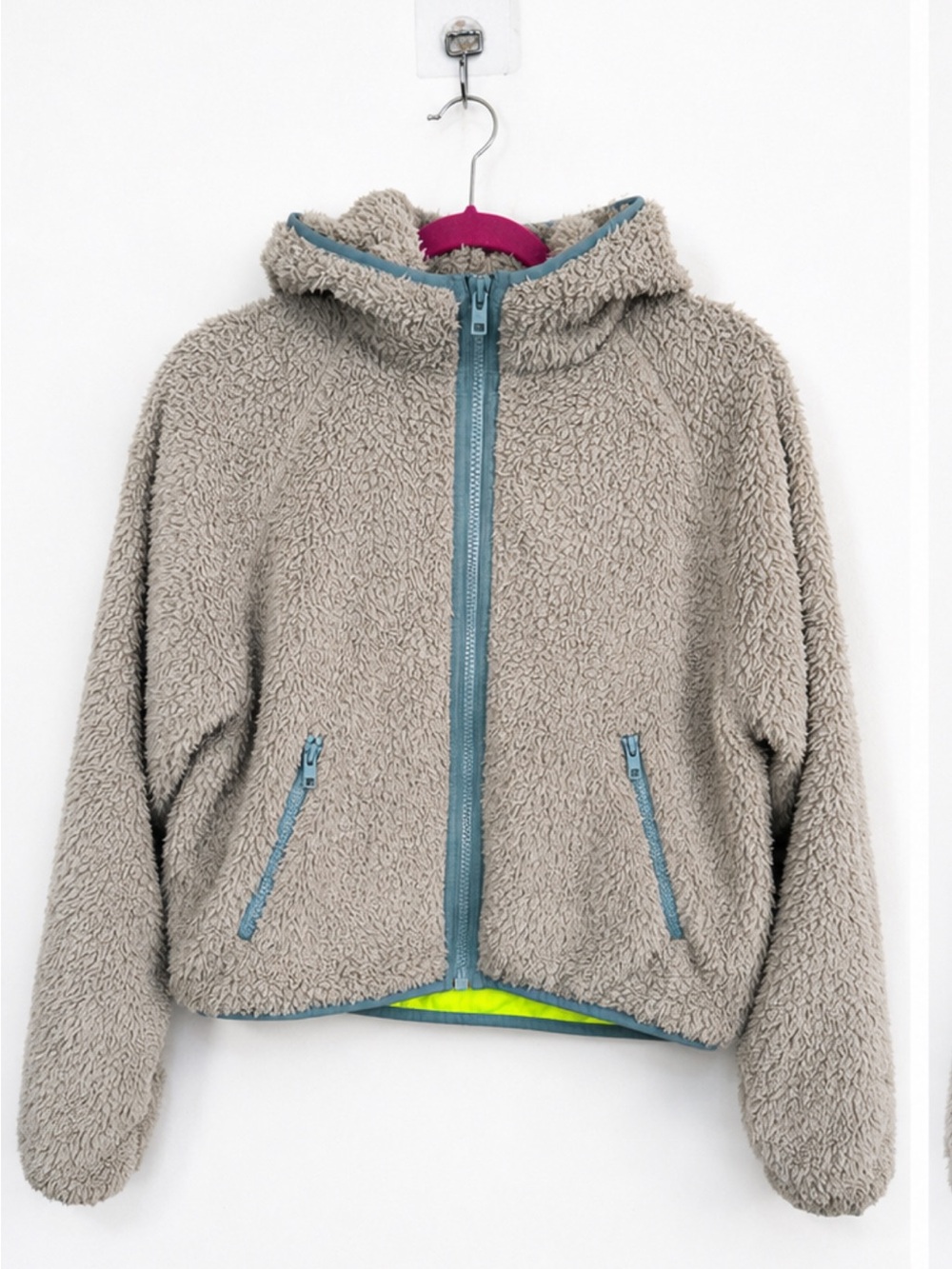 TNA Sherpa Teddy Fleece Hooded Zip Jacket Beige Blue Trim Size XS